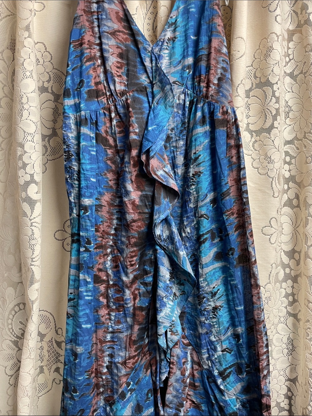 Grace Dresses Blue Abstract Print Maxi Dress with Ruffle Front Size Large NWT